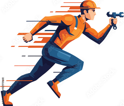 Express Service Fast Mechanic Running with Wrench for Rapid Repairs