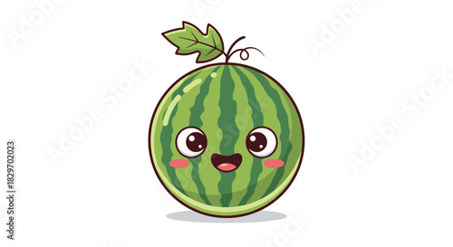 Cute and happy cartoon watermelon illustration with a leaf and tendril, featuring a friendly face and vibrant green stripes on a white background.