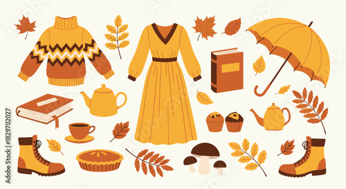 Cozy autumn essentials featuring warm clothing, hot beverages, sweet treats, books, an umbrella, and fall leaves.