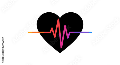 A stylized black heart with a vibrant, colorful electrocardiogram (ECG) line illustrating heartbeat and health, set against a clean white background.