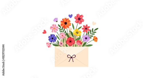 A delightful illustration shows a vibrant bouquet of colorful flowers and floating hearts emerging from an open beige envelope with a bow.
