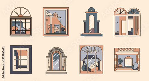A collection of eight stylish window illustrations, showcasing various architectural designs and abstract views in a modern, muted color palette.