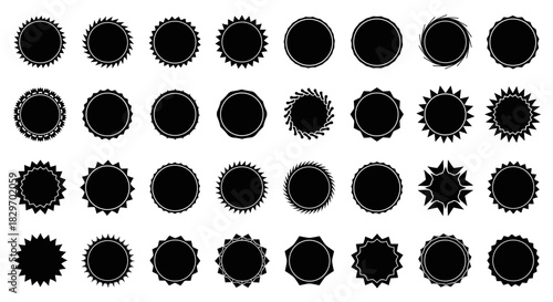 A collection of diverse black circular and starburst badge and label shapes, isolated on a white background, perfect for design elements or icons.
