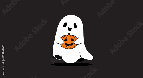 Cute cartoon ghost holds a smiling jack-o'-lantern against a dark background, perfect for festive Halloween designs.