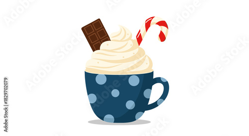 A festive blue polka-dot mug filled with whipped cream, topped with a chocolate bar and a red and white striped candy cane, perfect for a cozy winter treat.