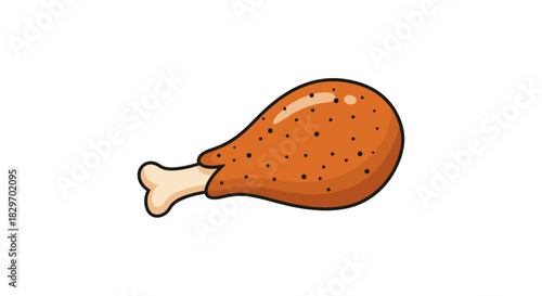 Appetizing cartoon drawing of a single golden-brown fried chicken drumstick, complete with a visible bone, presented against a clean white background.