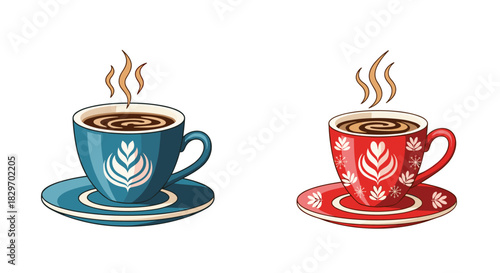 A vibrant illustration featuring two steaming hot coffee cups, one blue and one red, adorned with latte art and festive winter designs.