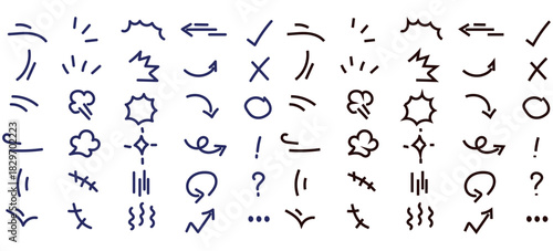 A versatile vector set of hand-drawn doodle symbols, arrows, and emphasis elements in a dual-color palette (blue and black/brown). Ideal for adding a playful or informational touch to presentations