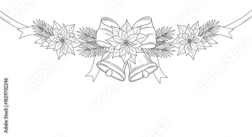 Line art illustration of a festive Christmas border featuring bells, poinsettias, pine branches, and ribbons, perfect for holiday season designs.