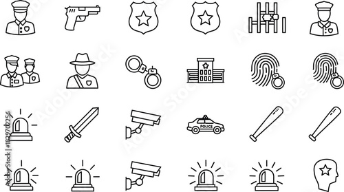 Set of Police and Law Enforcement Line Icons: Officer, Gun, Badge, Handcuffs, Station, Fingerprint, Surveillance, Siren, and Security, Ideal for Justice and Crime Graphics and Web.