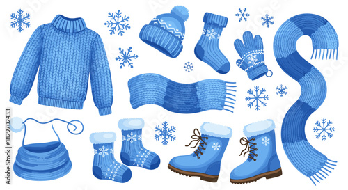 A collection of cozy blue knitted winter clothing essentials and accessories, adorned with festive snowflakes, perfect for cold weather.