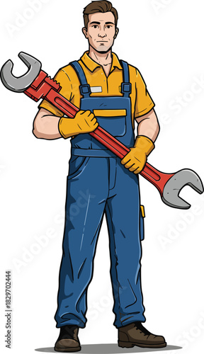 Illustration of a male plumber with a large wrench, ready for plumbing work