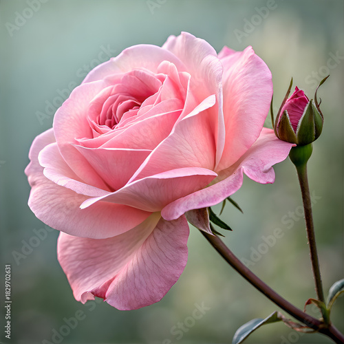 A close up shot of a pink rose in full bloom with a bud on a stem against a blurred background