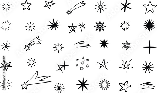 Hand drawn star spark doodle element icon set. Star shape twinkle glitter spark shine crayon grunge brush line icons. Hand drawn sketch doodle style. Light decoration background vector illustration