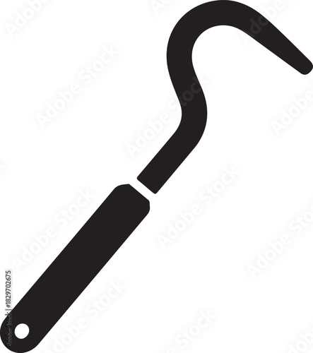 Black vector icon of a traditional sickle tool with a curved blade and long handle for gardening and harvesting