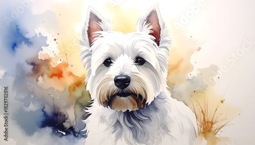 Watercolor painting of a fluffy, white terrier with a backdrop of muted blues, oranges, and yellows, resembling watercolor splatters