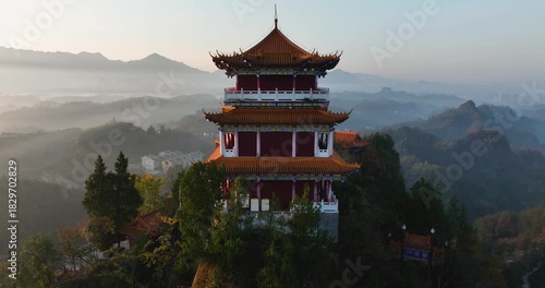 Sunrise and ancient chinese buddha temple landscape in Hunan province,China