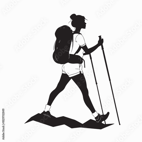 Female Hiker Walking with Trekking Poles Vector on white background
