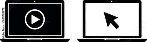 Two laptops with play button and cursor silhouette