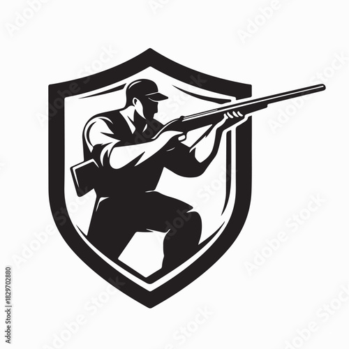 Hunter with Rifle in Shield Logo Vector on white background