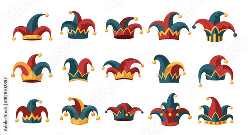 Collection of vibrant jester hats with bells in various styles, perfect for carnival, masquerade, and festive celebrations.