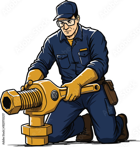 Skilled mechanic tightening a large nut with a golden wrench on a hexagonal bolt