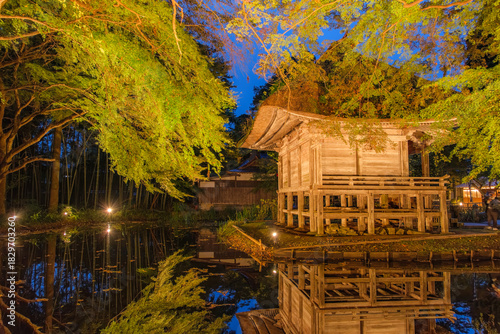 岩手県平泉町 秋の中尊寺、弁財天堂のライトアップ