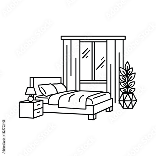 Simple line art illustration of a modern bedroom interior with a made bed, nightstand, lamp, window, and potted plant