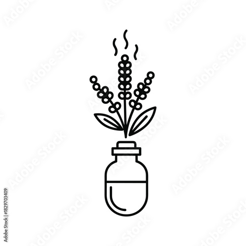 Minimalist line art icon of a lavender sprig releasing steam or aroma from a small bottle, isolated on