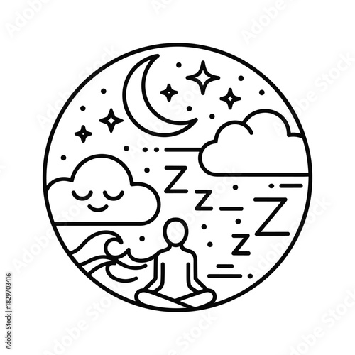 Minimalist line art icon depicting a person meditating under a starry night sky with clouds and sleep symbols