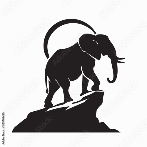 Elephant on Mountain Cliff Silhouette Vector on white background