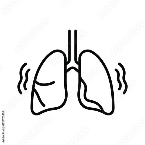 Simple black and white line icon representing lungs with vibration or breathing motion, isolated on