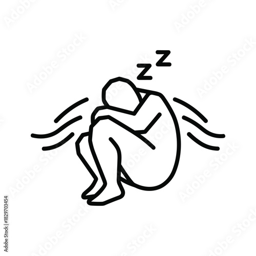 Simple black and white line icon of a person sleeping curled up in a fetal position, isolated on