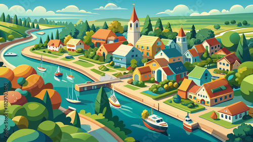 Very beautiful aerial panoramic view of a peaceful small town with tree-lined streets, riverside marina, gentle waterways, and classic low-rise architecture surrounded by greenery under bright, clear 