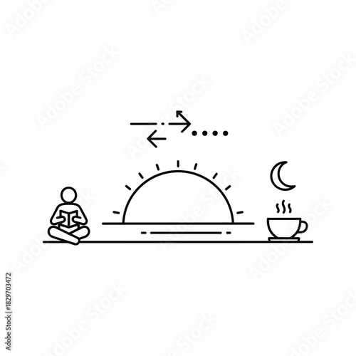 Line icon representing daily routine cycle with person reading, sunrise, and night coffee cup isolated on
