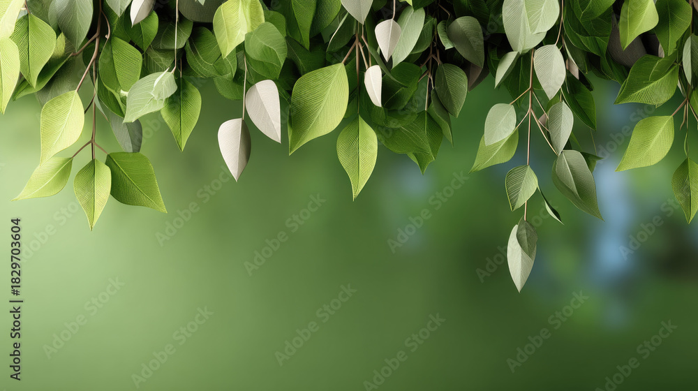 Obraz premium Green leaves hanging on tree branch with soft sunlight, spring nature background, fresh foliage, peaceful and vibrant atmosphere