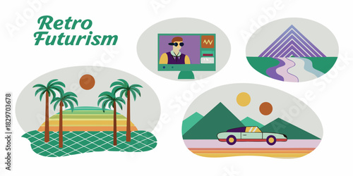 Retro futurism illustration with palm trees car computer and pyramid landscape