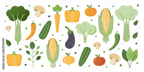 Flat vector illustration of various fresh vegetables on white background