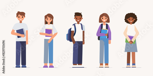 Diverse group of students holding books and wearing backpacks