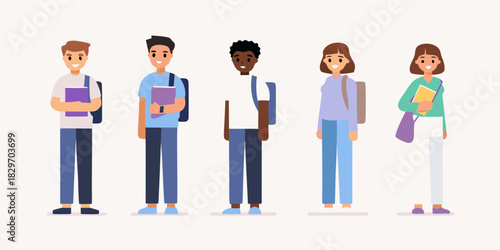 Diverse group of students with backpacks and books standing together