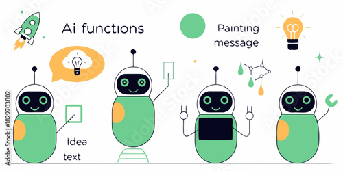 Ai functions illustration with robots ideas painting and messages in flat design