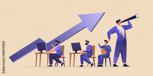 Businessmen working with a growth arrow and a leader looking through a telescope