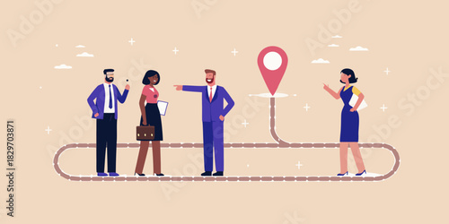 Business team following a path to a destination pin