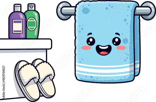 Cute Happy Towel Character on Hanger with Bathroom Slippers and Shampoo Bottles Illustration