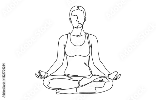 Continuous one line drawing of Woman sitting in lotus pose yoga vector illustration. Isolated on transparent background