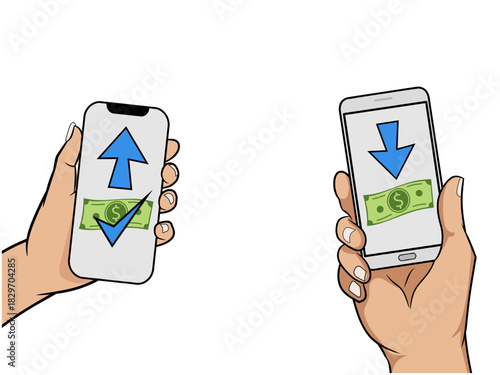 A vector illustration depicting two hands using smartphones for instant money transfer, showing arrows for send and receive. Perfect for mobile banking, e-payment, and digital finance concepts
