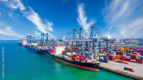 Картината върху платно Global transport cargo and logistic business import and export, Container ship in seaport terminal, Container cargo vessel freight shipping company commercial worldwide, Freight transportation ship