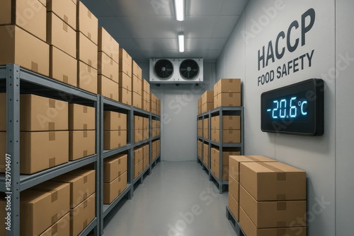 Cold storage room for food safety, showcasing HACCP standards with monitored temperature for proper food preservation. Concept of hygiene, efficiency, and quality control in food industry.