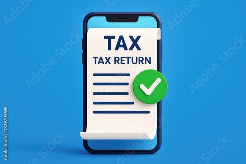 Smartphone displaying digital tax return form with a confirmation checkmark. Concept of online tax filing, convenience, and modern finance management.