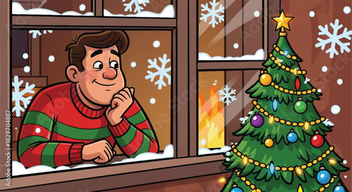 Man Gazing Out Window at Christmas Tree During Snowfall.